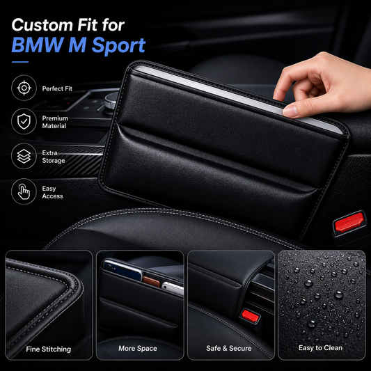 Car Seat Gap Filler Organizer, Custom fit for BMW M Sport – PU Leather Console Side Pocket Storage for Phone, Wallet, Keys & Essentials - Delicate Leather