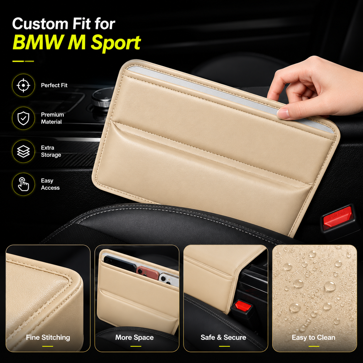 BMW M Sport Car Seat Gap Filler Organizer – PU Leather Console Side Pocket Storage for Phone, Wallet, Keys & Essentials - Delicate Leather  