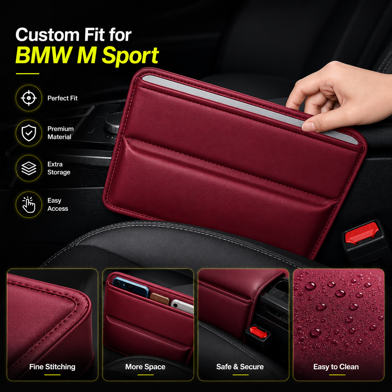 BMW M Sport Car Seat Gap Filler Organizer – PU Leather Console Side Pocket Storage for Phone, Wallet, Keys & Essentials - Delicate Leather  