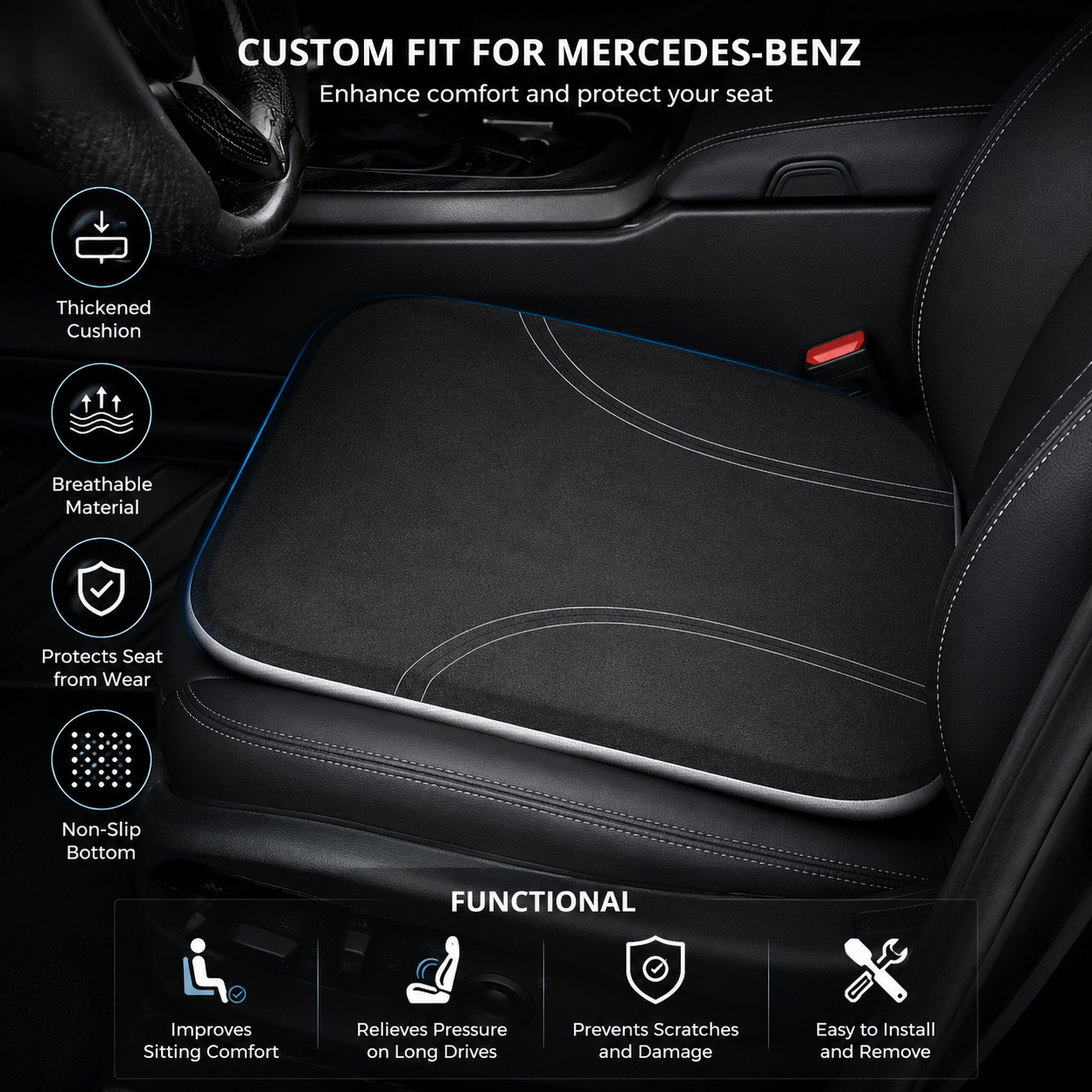 Mercedes-Benz Memory Foam Car Seat Cushion – Custom Fit Seat Pad for Enhanced Driving Comfort, Height Boost Support, Ergonomic Cushion for Car Seats, Office Chairs & Daily Use - Delicate Leather  