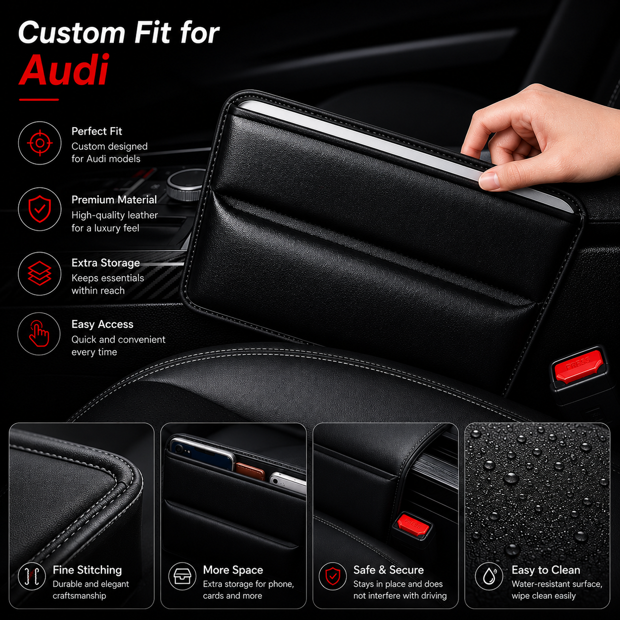 Custom Fit for Audi Car Seat Gap Filler Organizer – PU Leather Console Side Pocket Storage for Phone, Wallet & Keys - Delicate Leather  