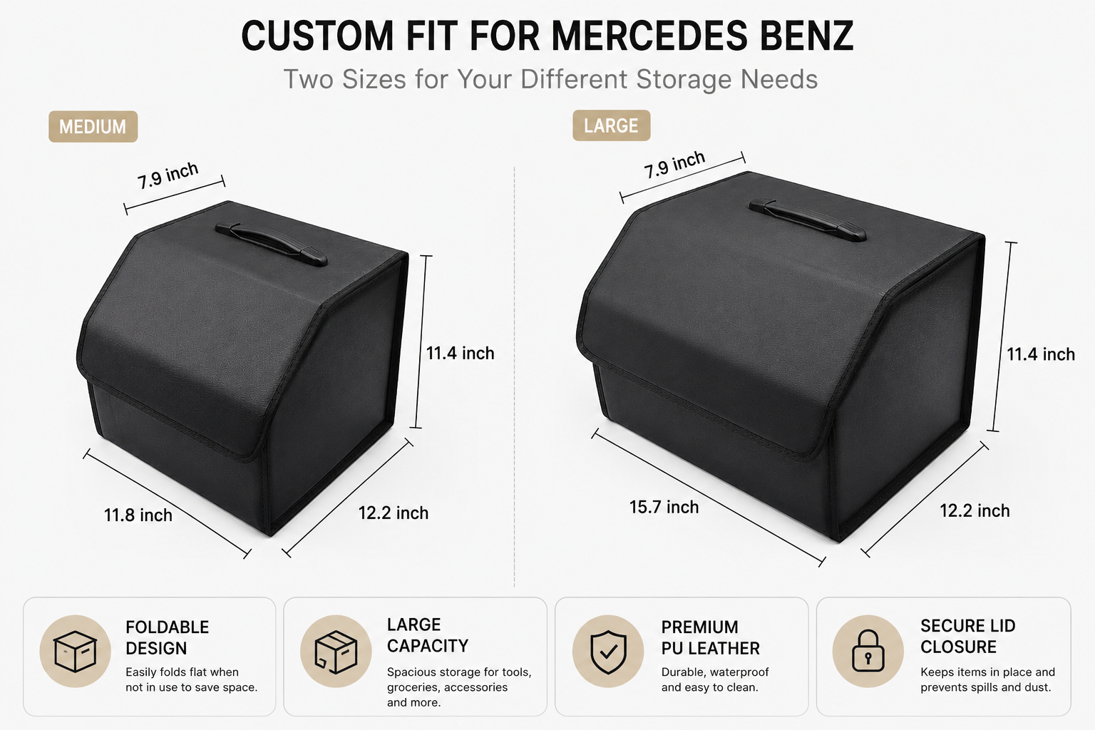 Custom Fit for Mercedes-Benz Trunk Organizer – Foldable PU Leather Cargo Storage Box - Delicate Leather  