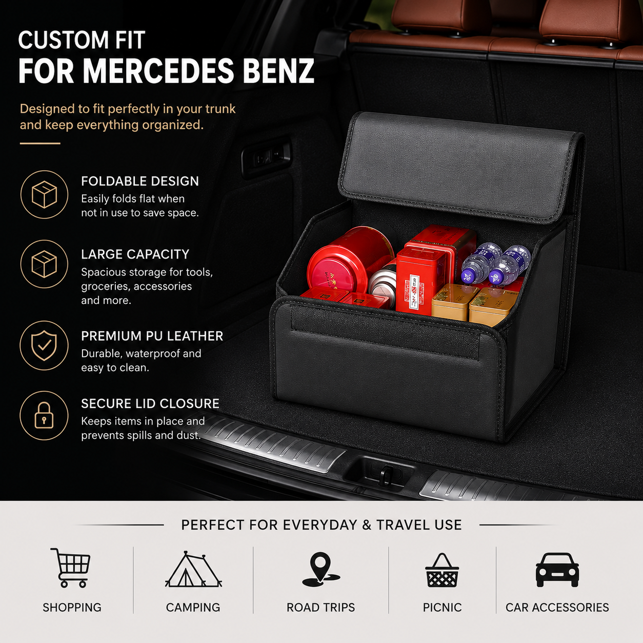 Custom Fit for Mercedes-Benz Trunk Organizer – Foldable PU Leather Cargo Storage Box - Delicate Leather  
