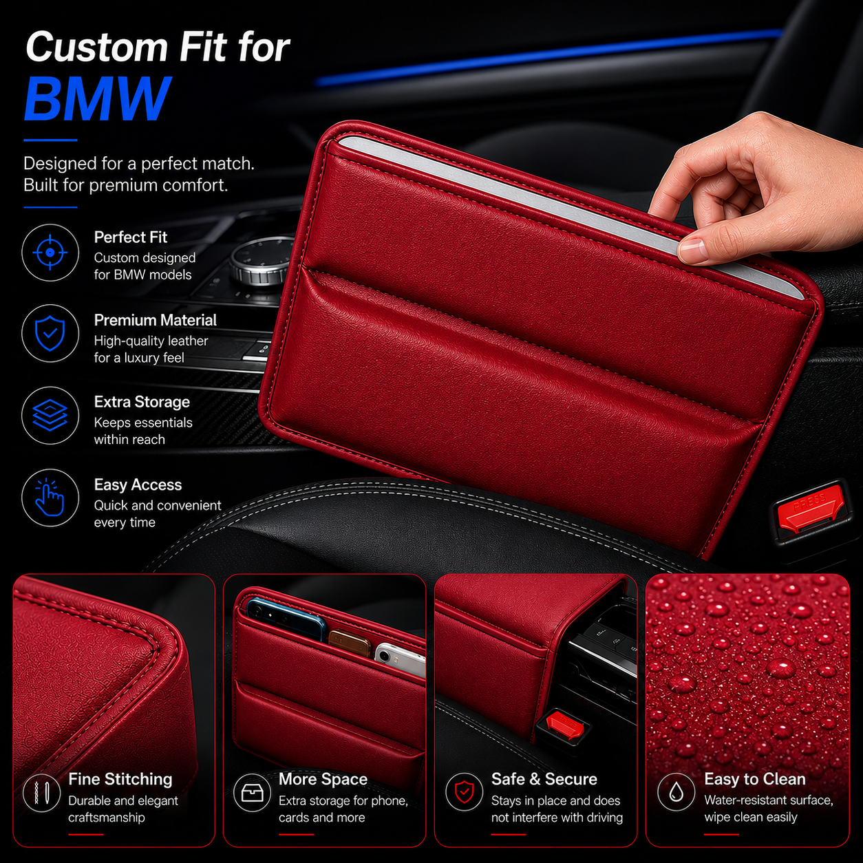 Custom Fit for BMW Car Seat Gap Filler Organizer – PU Leather Console Side Pocket Storage for Phone, Wallet, Cards & Keys - Delicate Leather  