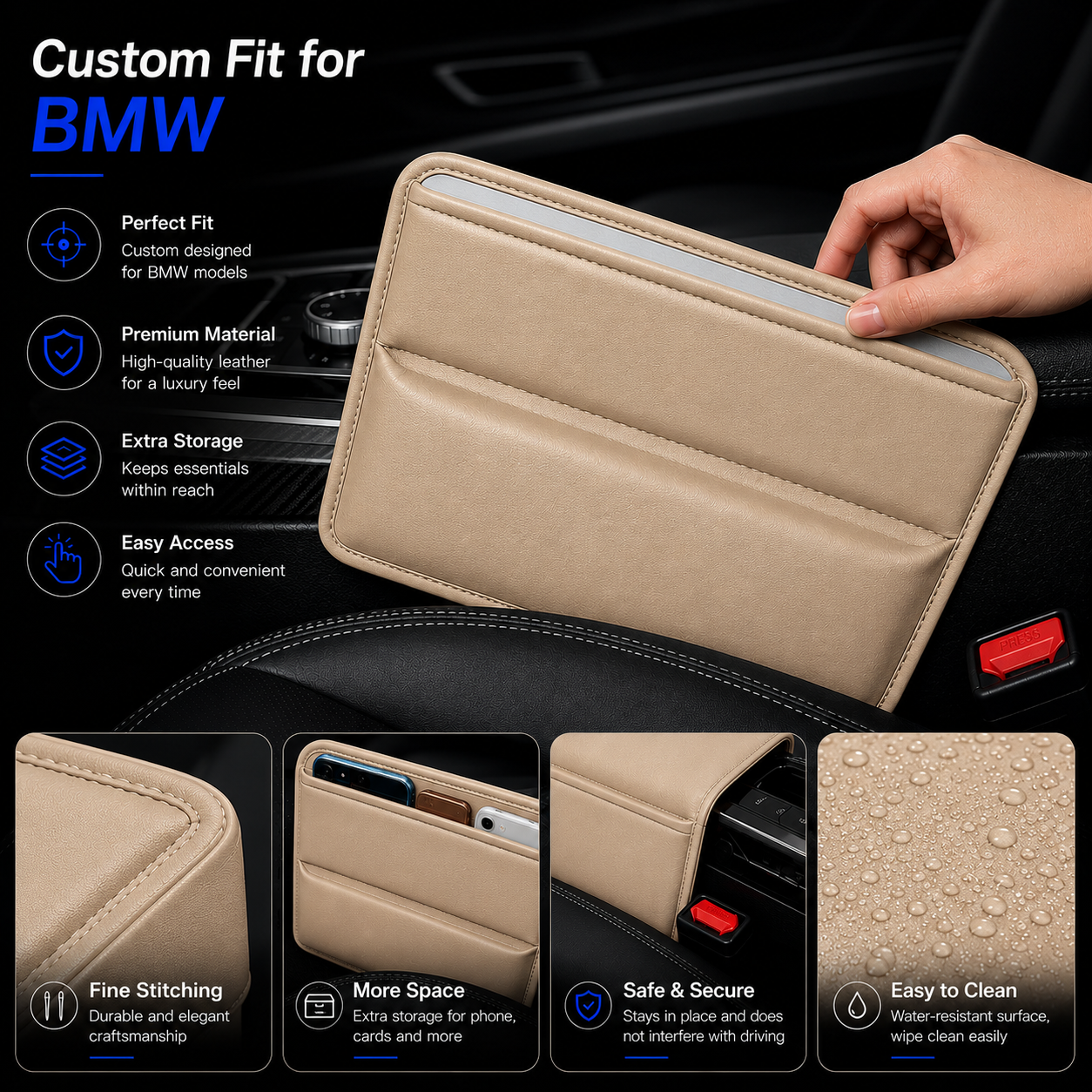 Custom Fit for BMW Car Seat Gap Filler Organizer – PU Leather Console Side Pocket Storage for Phone, Wallet, Cards & Keys - Delicate Leather  