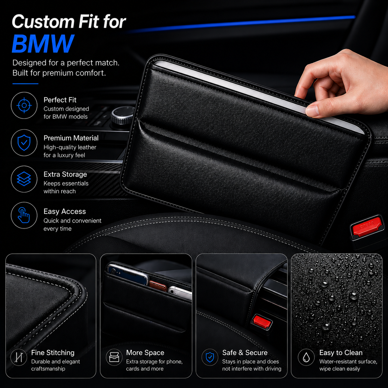 Custom Fit for BMW Car Seat Gap Filler Organizer – PU Leather Console Side Pocket Storage for Phone, Wallet, Cards & Keys - Delicate Leather  