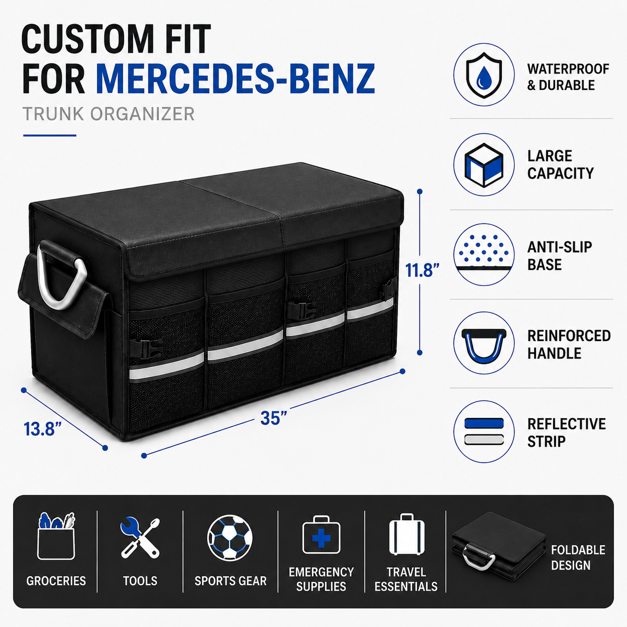 Custom Fit for Mercedes-Benz Trunk Organizer Large Capacity Foldable Cargo Storage Box - Delicate Leather  