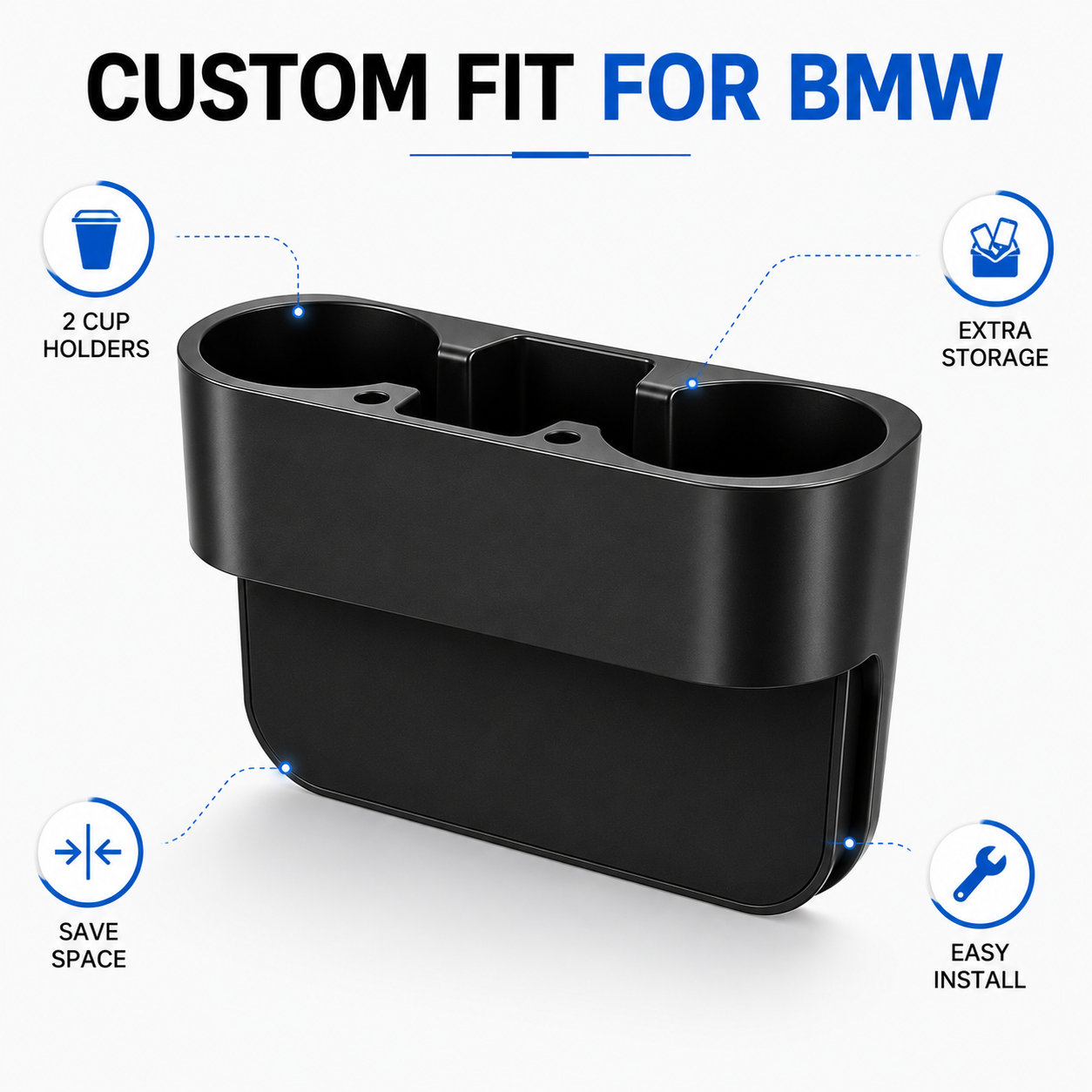 Custom Fit for BMW Car Seat Gap Organizer with Dual Cup Holders and Phone Storage, Multifunction Vehicle Interior Organizer