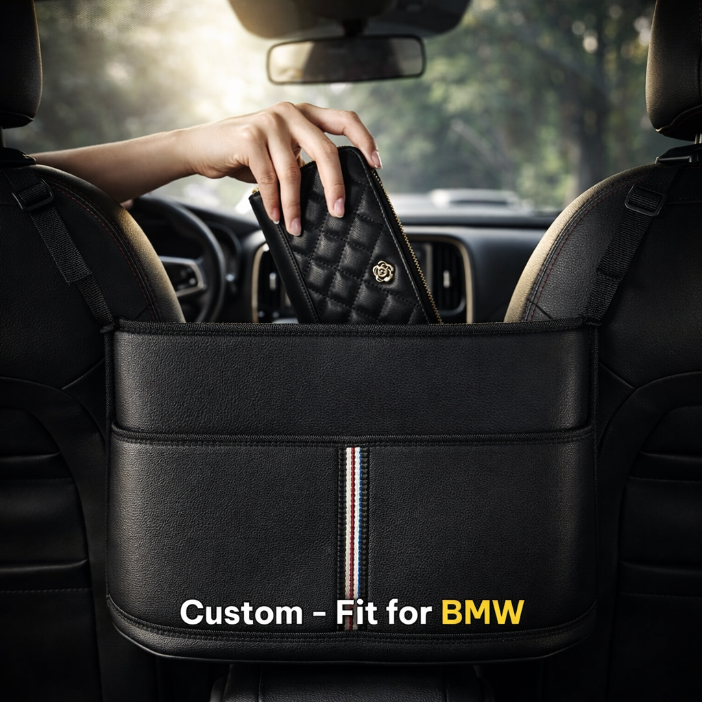 Custom Fit Car Purse Holder for BMW – Premium PU Leather Handbag Organizer Between Seats, Driver & Passenger Storage Pocket, Back Seat Barrier & Pet Divider - Delicate Leather  