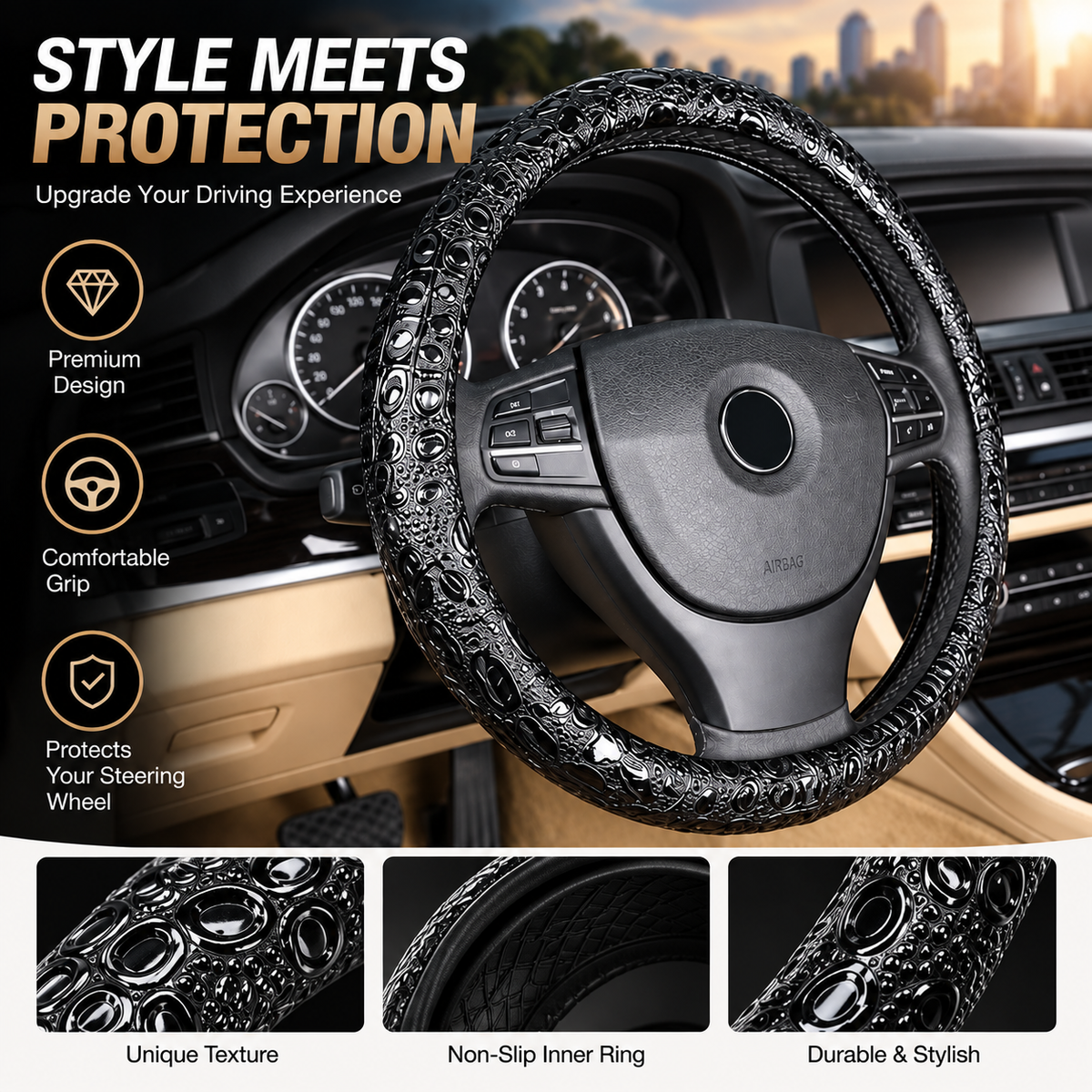 Leather Steering Wheel Cover with Carved Pattern – Non-Slip Grip, Universal Fit 37-38 cm, All-Season Design - Delicate Leather