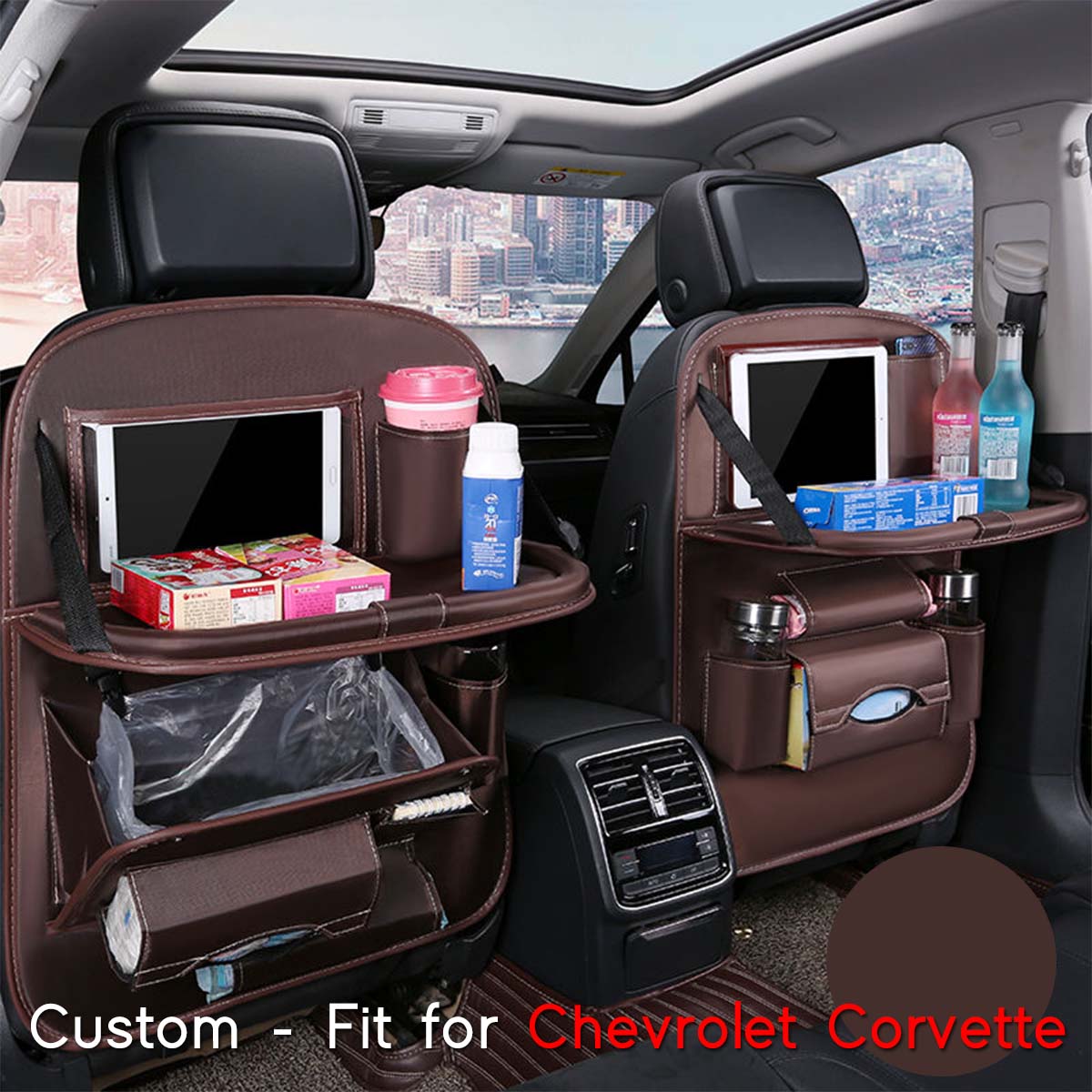 Backseat Organizer With Tablet Holder PU Leather, Custom-Fit For Car, Car Seat Back Protectors Kick With Foldable Table Tray Car Seat Organizer DLCC240