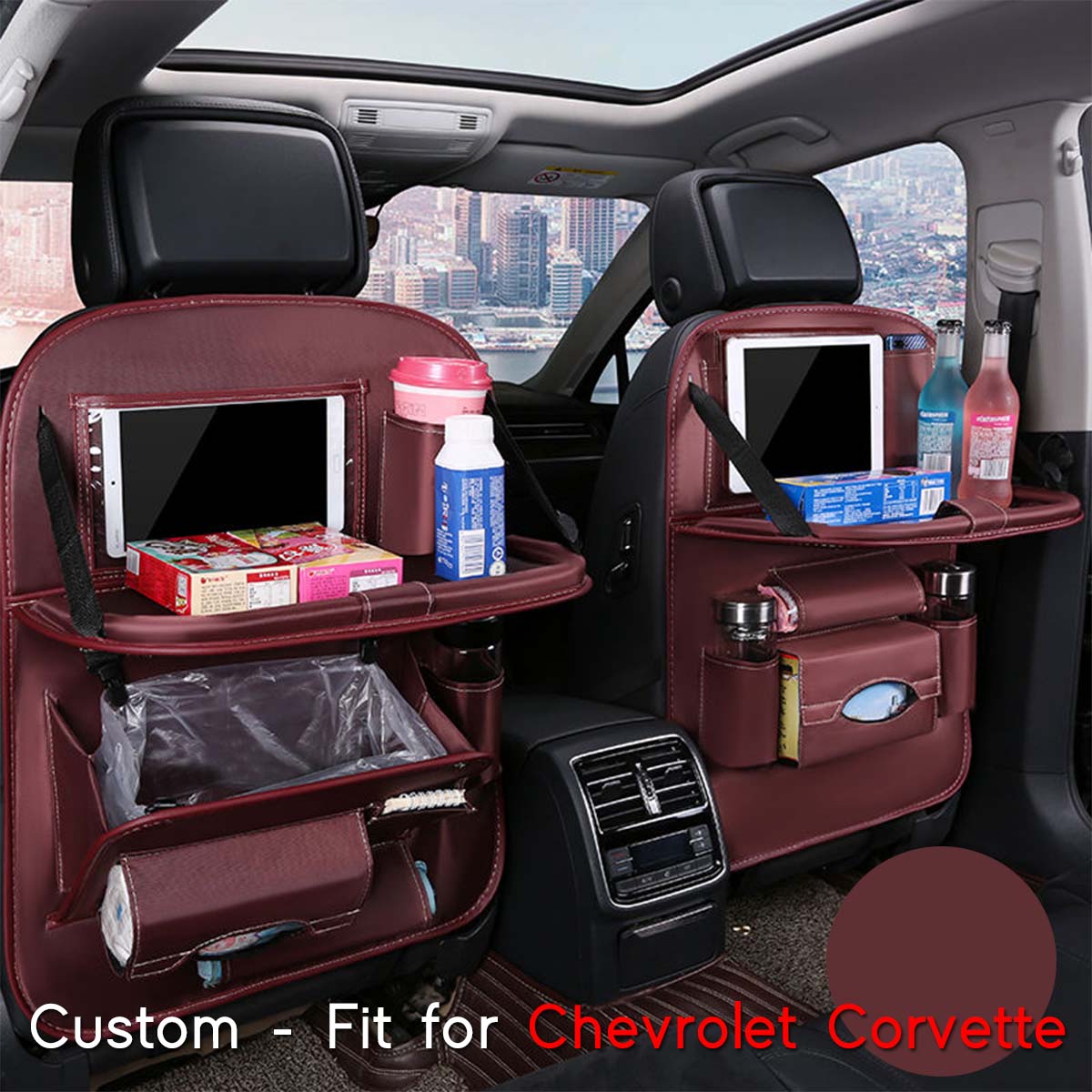 Backseat Organizer With Tablet Holder PU Leather, Custom-Fit For Car, Car Seat Back Protectors Kick With Foldable Table Tray Car Seat Organizer DLCC240