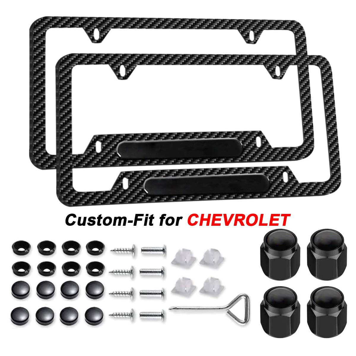 2 Pack Carbon Fiber License Plate Frames Cover - Black Aluminum Alloy Weather-Proof/Rattle Proof Front & Rear Tag Licese Plate Holder, Anti Theft Screw Caps Include