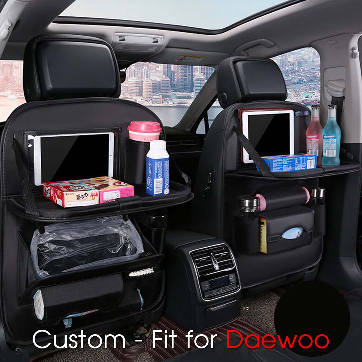 Backseat Organizer With Tablet Holder PU Leather, Custom Fit For Your Cars, Backseat Car Organizer, Car Seat Back Protectors Kick With Foldable Table Tray Car Seat Organizer, Car Accessories DA15987