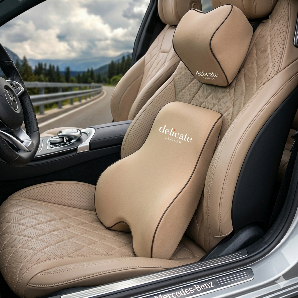 Lumbar Support Cushion for Car and Headrest Neck Pillow Kit, Custom For Cars, Ergonomically Design for Car Seat, Car Accessories UE13983 - Delicate Leather  
