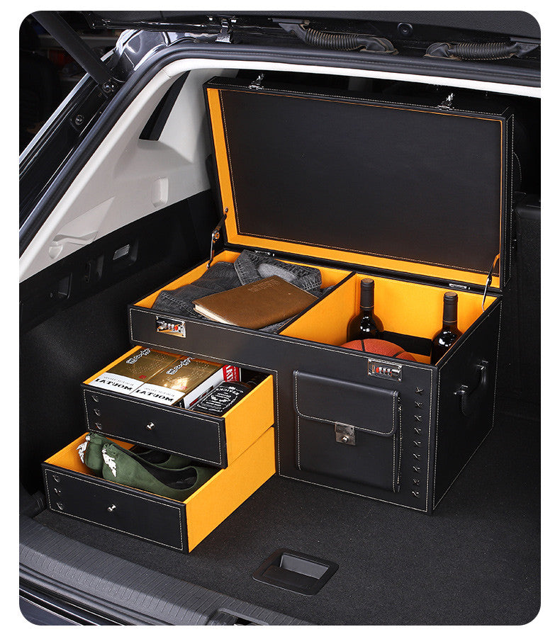 Security Safe Box with Password Lock - Luxury Folding PU Leather Vehicle Organizer and Stowing Tidying Bag for Car Trunk Storage