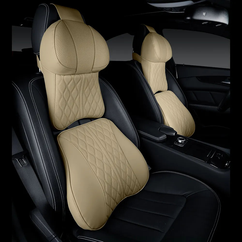 Direct from Factory: PU Leather Memory Foam Car Neck Pillow and Lumbar Pillow Set for Enhanced Driving Comfort - Delicate Leather