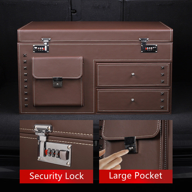 Security Safe Box with Password Lock - Luxury Folding PU Leather Vehicle Organizer and Stowing Tidying Bag for Car Trunk Storage