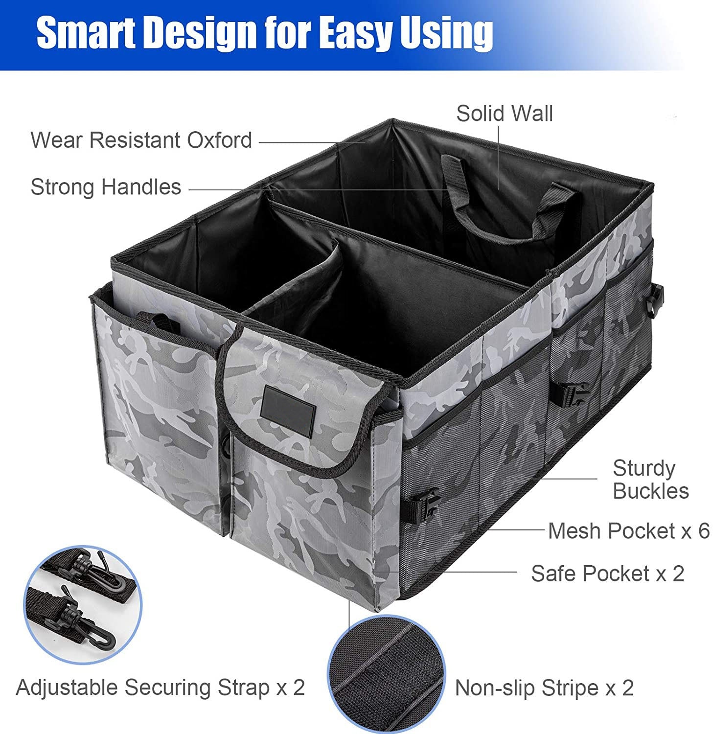 Car Box Trunk Organizer - Premium Collapsible Foldable Cargo Storage with Reflective Strip