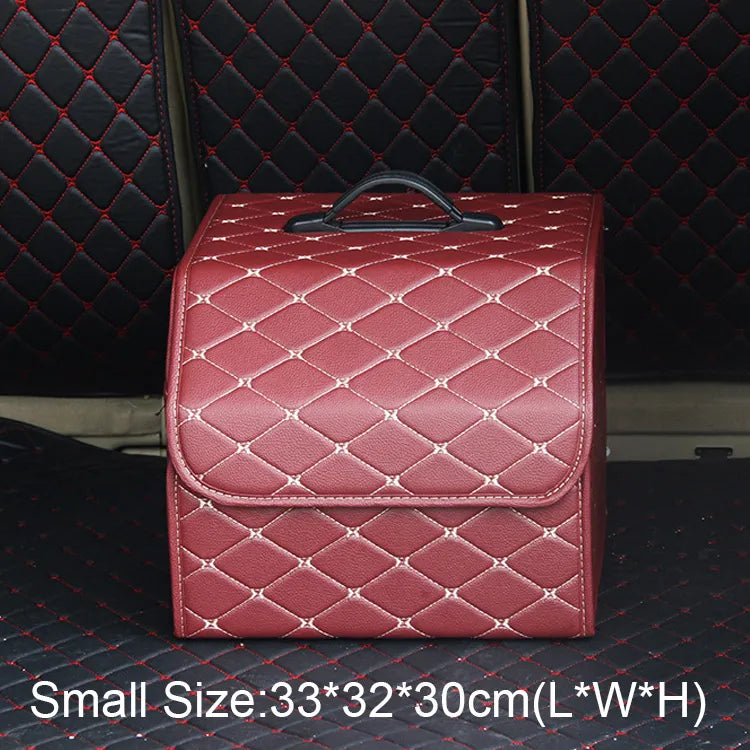 Collapsible Car Storage Organizer with Lid - PU Leather Trunk Storage Box for Auto Cargo - Delicate Leather