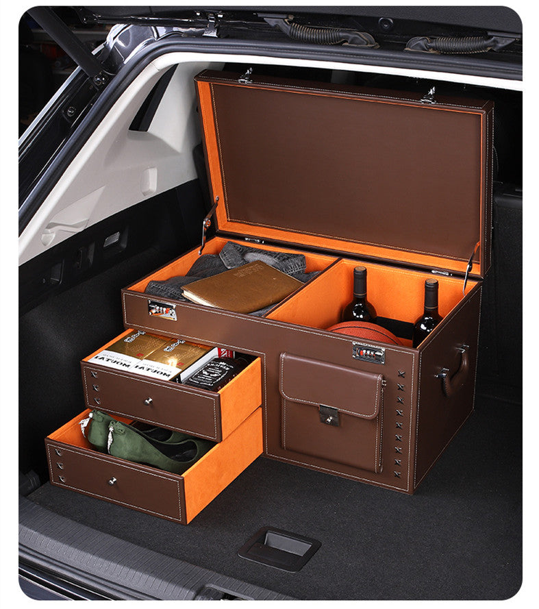 Security Safe Box with Password Lock - Luxury Folding PU Leather Vehicle Organizer and Stowing Tidying Bag for Car Trunk Storage