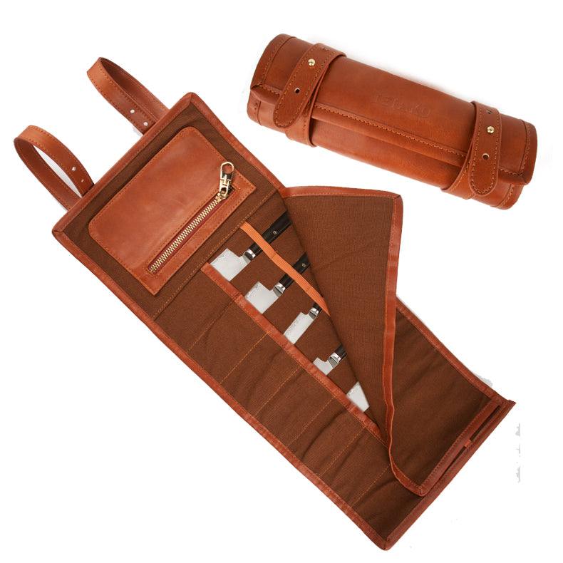 Waterproof Portable Outdoor Camping Picnic Canvas Leather Tool Storage Knife Roll Bag - 20.5*50CM