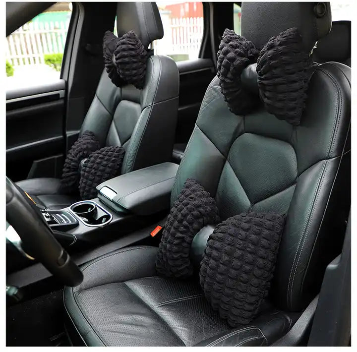 Premium Women's Car Seat Cover Set: Stylish, Comfortable, and Anti-Slip with Headrest and Waist Pillow - Delicate Leather