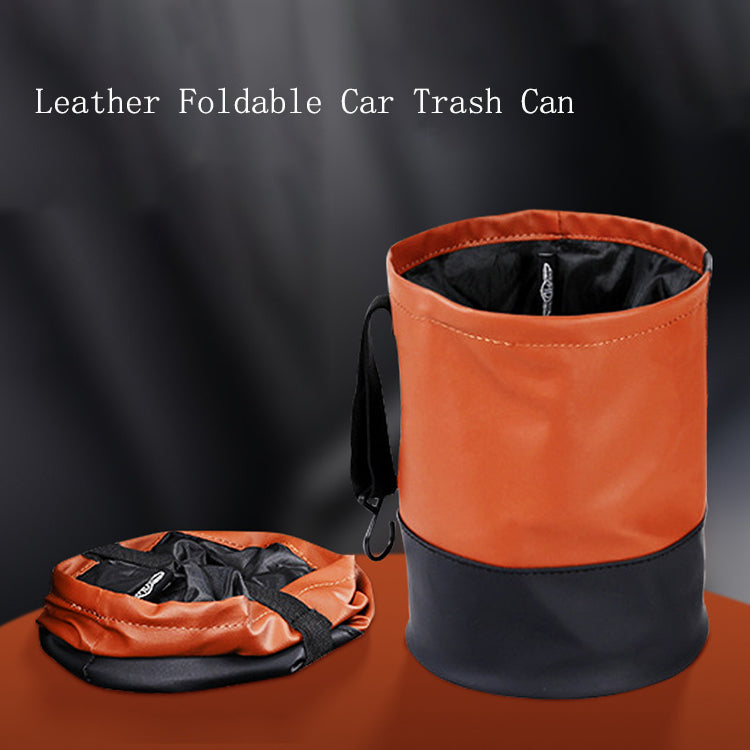 Waterproof Foldable Leather Car Trash Can - Round Hanging Car Garbage Can