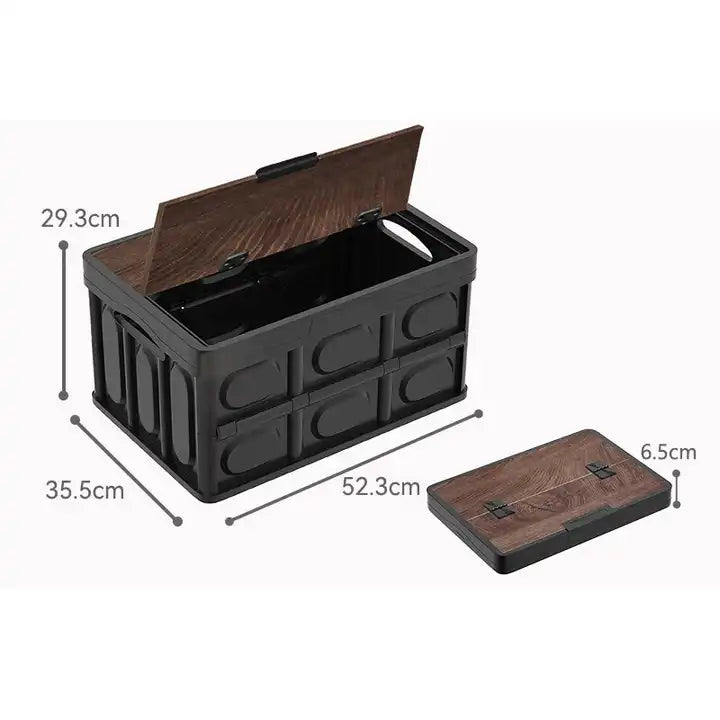 Camping Storage Box With Wooden Lid, Cargo Organizer SUV Trunk Storage Waterproof Collapsible Durable Multi Compartments - Delicate Leather