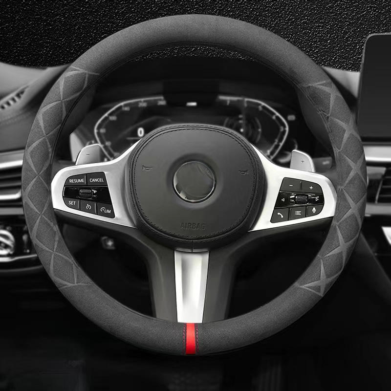 Hot Selling High-Quality Carbon Fiber Suede Steering Wheel Cover with Red Strip