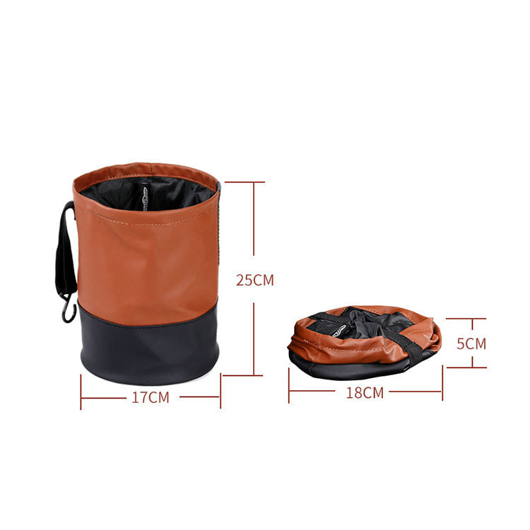 Waterproof Foldable Leather Car Trash Can - Round Hanging Car Garbage Can