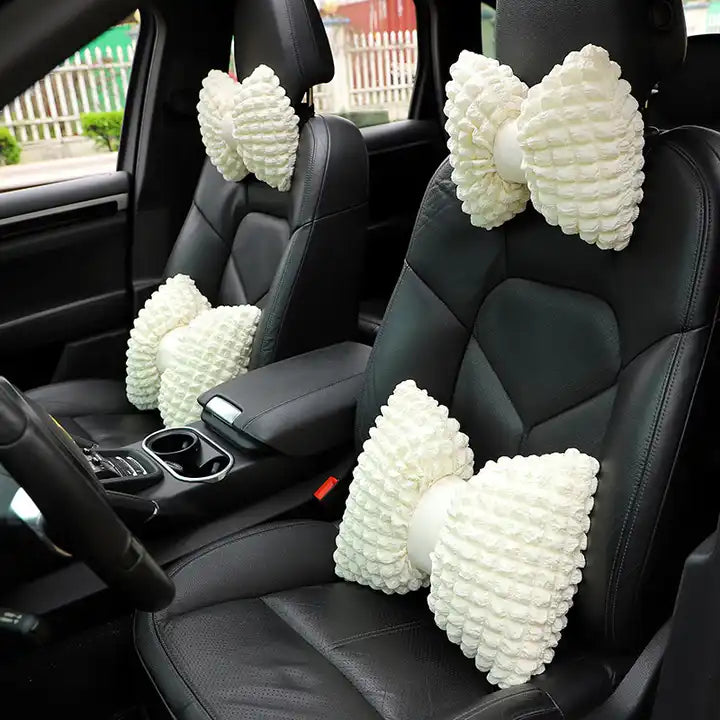 Premium Women's Car Seat Cover Set: Stylish, Comfortable, and Anti-Slip with Headrest and Waist Pillow - Delicate Leather