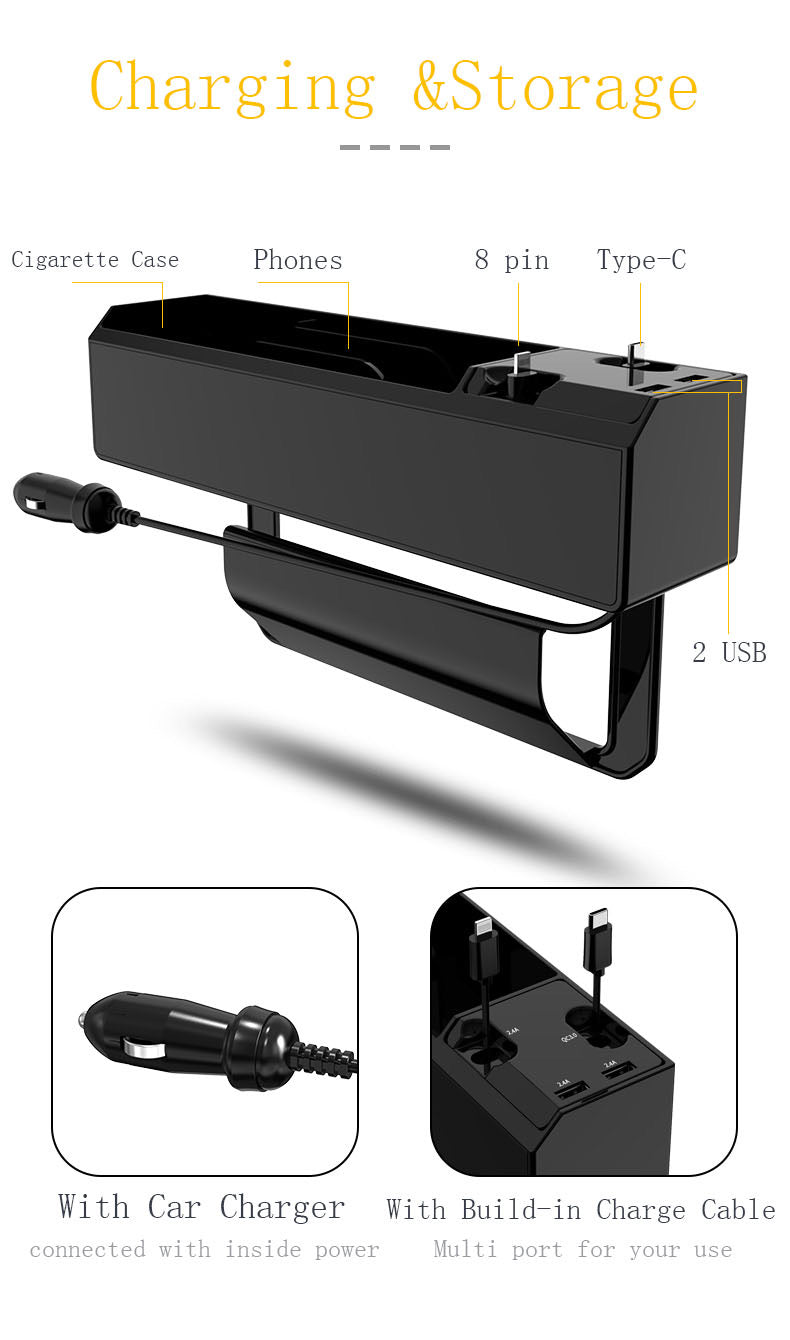 Car Seat Gap Filler Organizer, Custom For All Cars, Car Interior Accessories: Auto Crevice Gear Seat Storage Box with Cup Holder Organizer & Dual USB Plug Charger