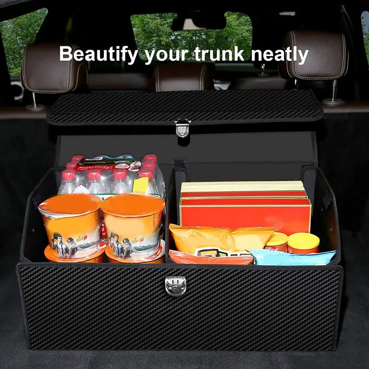 Heavy-Duty Premium Leather Car Trunk Organizer with Lid Handle and Strong Wood Board - Delicate Leather