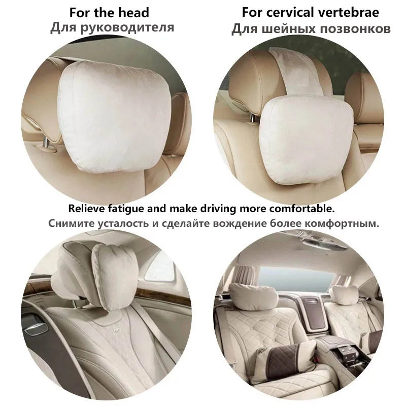 Luxury Car Headrest Neck Pillow – Soft Adjustable Support Cushion, Natural Fur, Universal Fit - Delicate Leather  