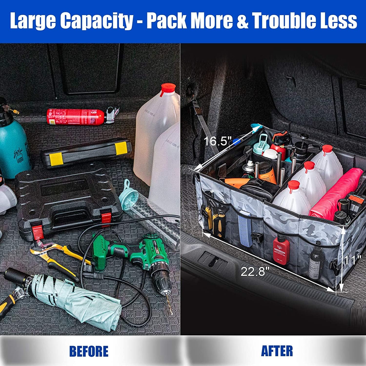 Car Box Trunk Organizer - Premium Collapsible Foldable Cargo Storage with Reflective Strip