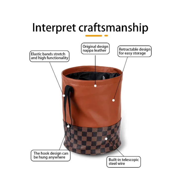 Waterproof Leather Car Trash Can - Foldable and Portable Garbage Organizer for Auto Seat Back Headrest, Compact 17x25cm Automotive Dust Bin and Storage Bag