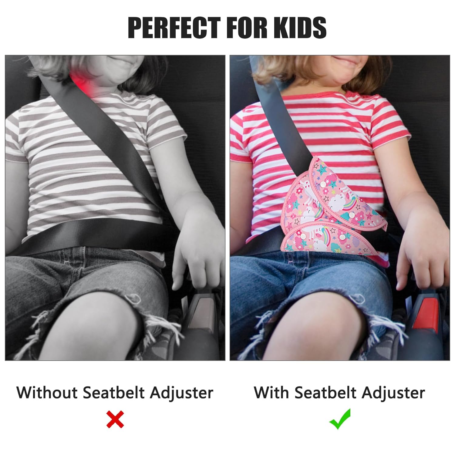 Seatbelt Adjuster for Kids - Belt Cover Strap Protector Pad for Children, Babies, and Adults - 2 Pack