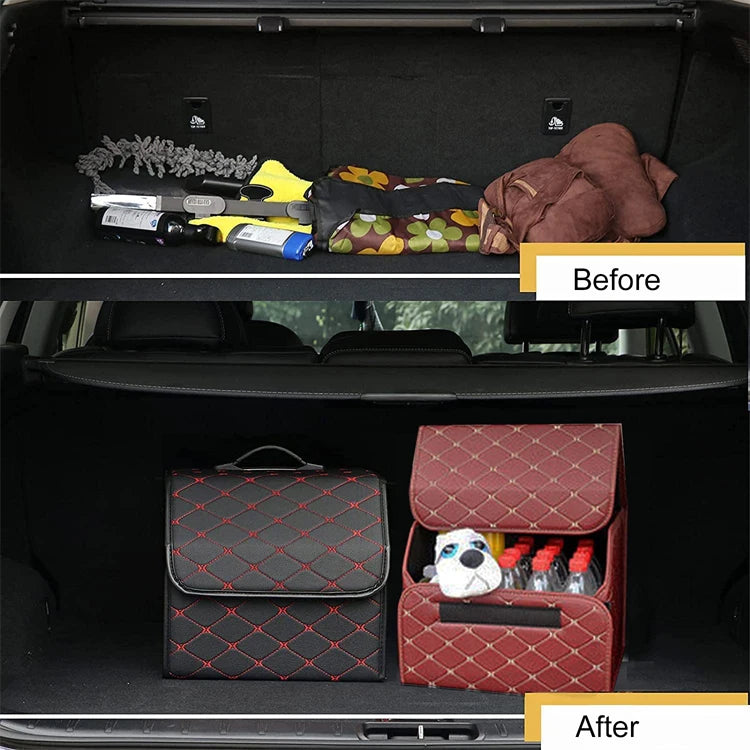 Collapsible Car Storage Organizer with Lid - PU Leather Trunk Storage Box for Auto Cargo - Delicate Leather