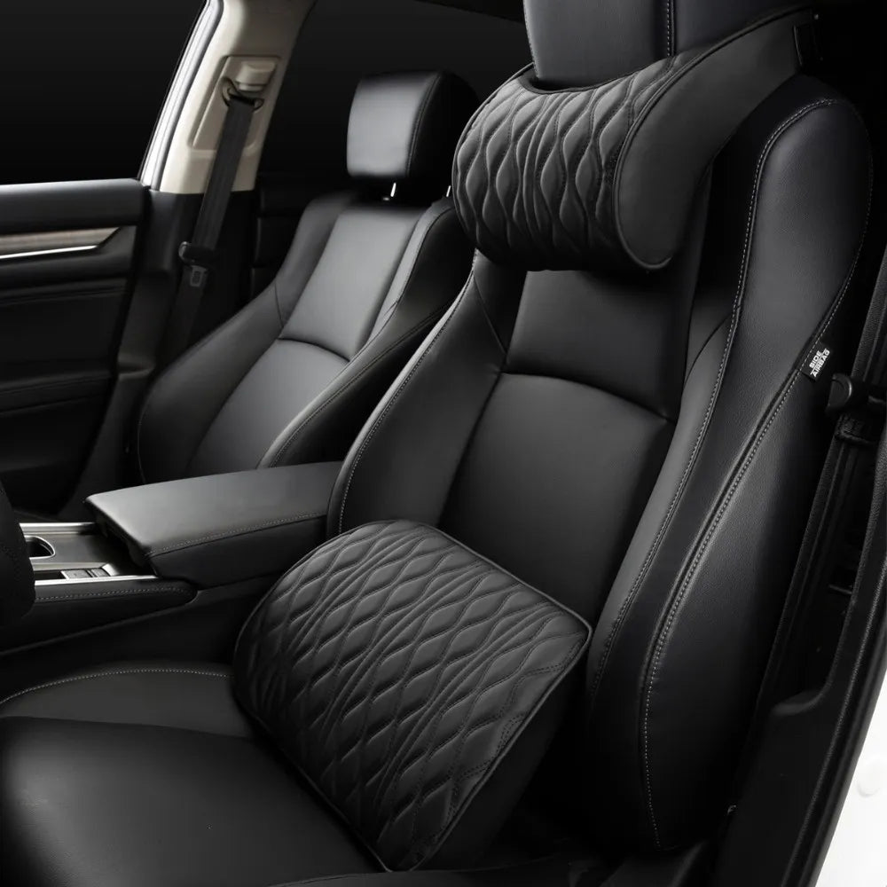PU Leather Car Neck Pillow and Lumbar Waist Support Set - Memory Foam Backrest and Headrest Cushion for Auto Interior Accessories