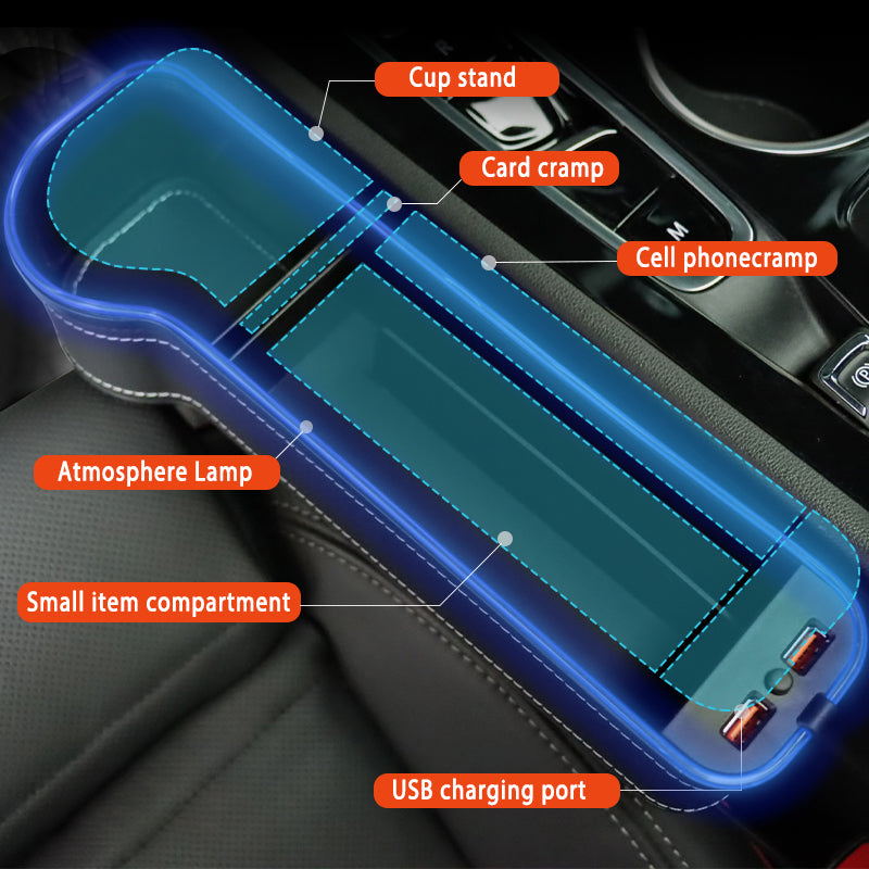 Car Seat Gap Filler Organizer, Custom For All Cars, Universal Car Console Seat Storage Box with Cup Holder, 7-Color LED Light, and USB Fast Charging - Car Seat Gap Filler Organizer