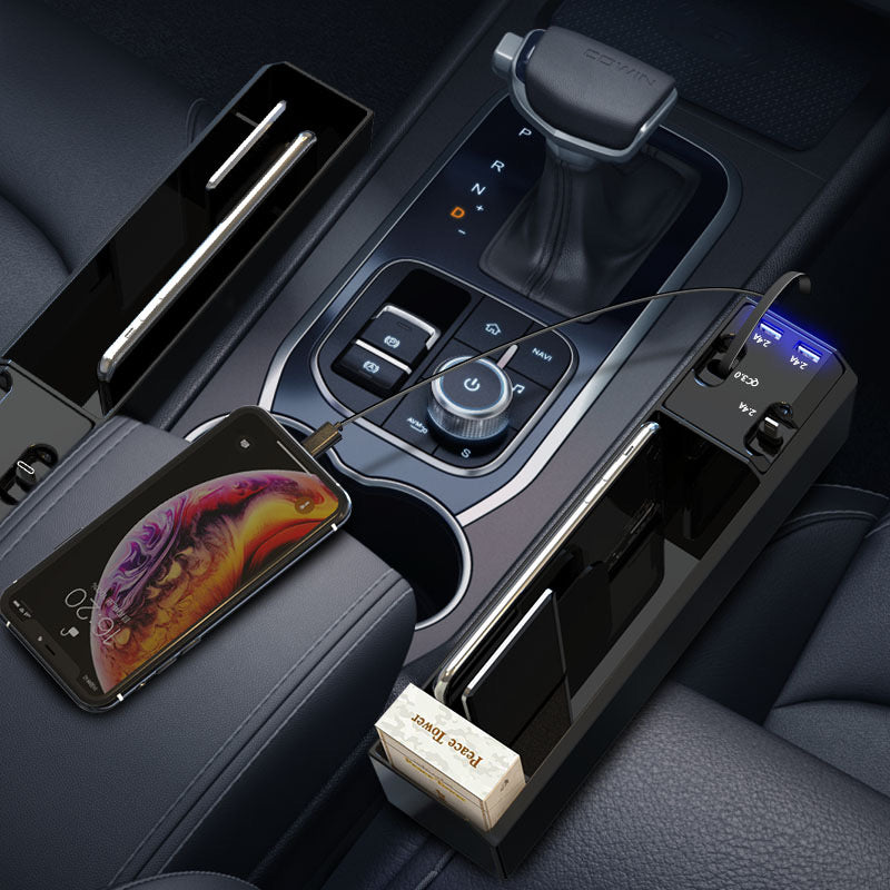 Car Seat Gap Filler Organizer, Custom For All Cars, Car Interior Accessories: Auto Crevice Gear Seat Storage Box with Cup Holder Organizer & Dual USB Plug Charger