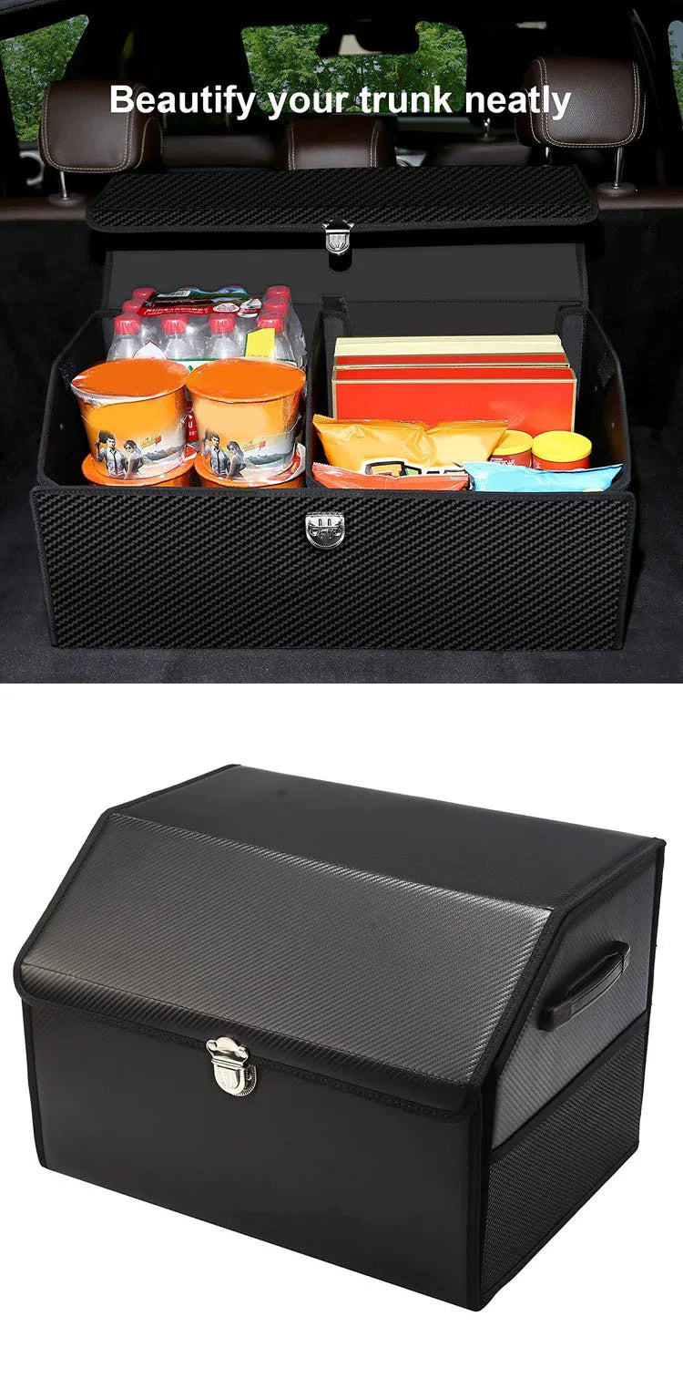 Sturdy and Durable Car Trunk Organizer with Premium Leather, Solid Wood Board, Portability, Rear Seat Storage Compartment, Lid, and Handle - Delicate Leather