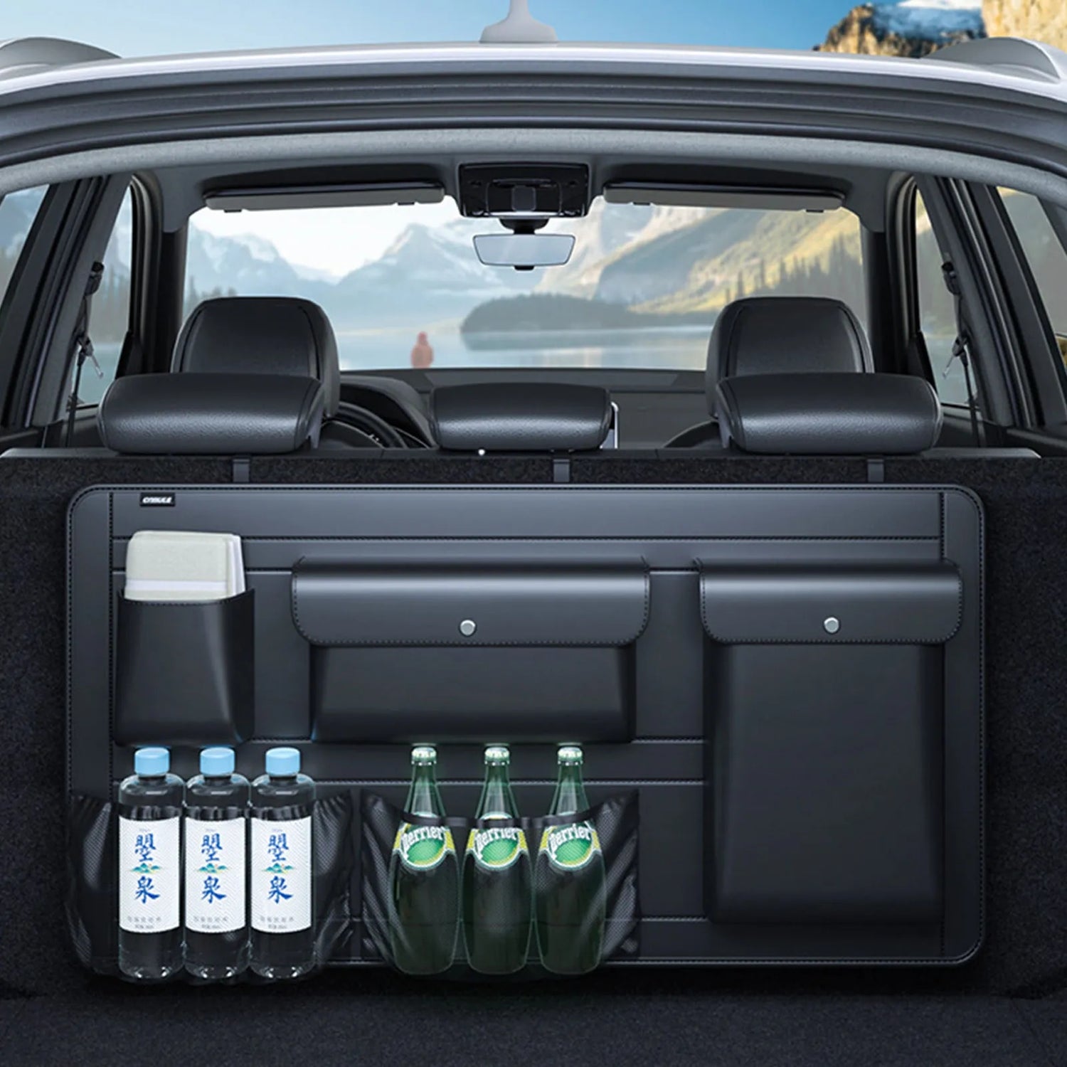 Car Backseat Storage 5 Bag Trunk Organizer Multi-use PU Leather Car Seat Back Organizers Hanging Bag Protector Pad Black PU Leather
