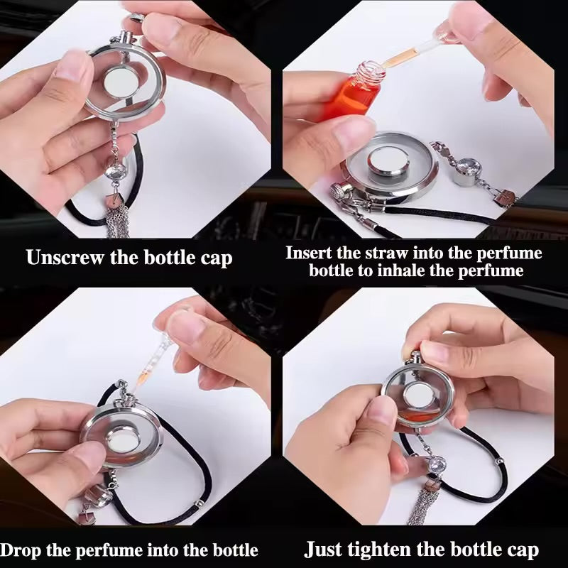 Metal Car Perfume Pendant Air Freshener Bottle – Hanging Ornament for Rearview Mirror, Empty Refillable Fragrance Diffuser - Delicate Leather  