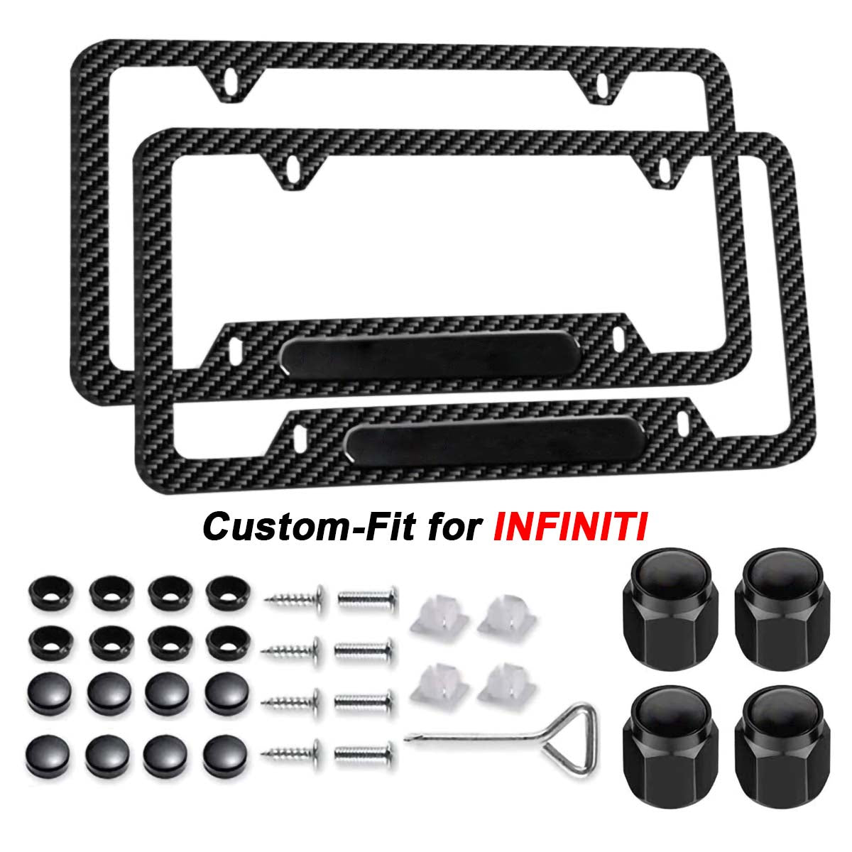 2 Pack License Plate Frames Cover - Black Carbon Fiber Aluminum Alloy Weather-Proof/Rattle Proof Front & Rear Tag Licese Plate Cover