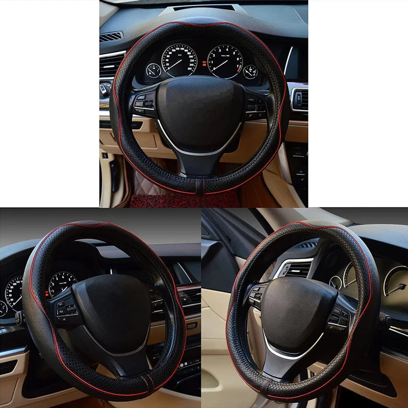 PU Leather Steering Wheel Cover – Embossed Non-Slip Design, Universal 15 Inch (38 cm) - Delicate Leather