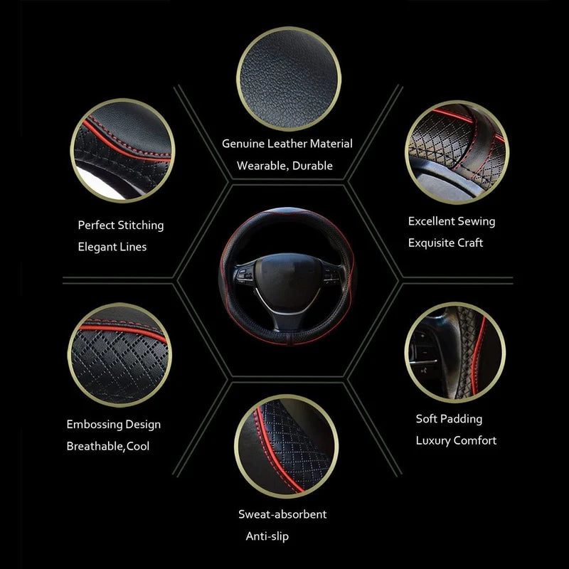 PU Leather Steering Wheel Cover – Embossed Non-Slip Design, Universal 15 Inch (38 cm) - Delicate Leather
