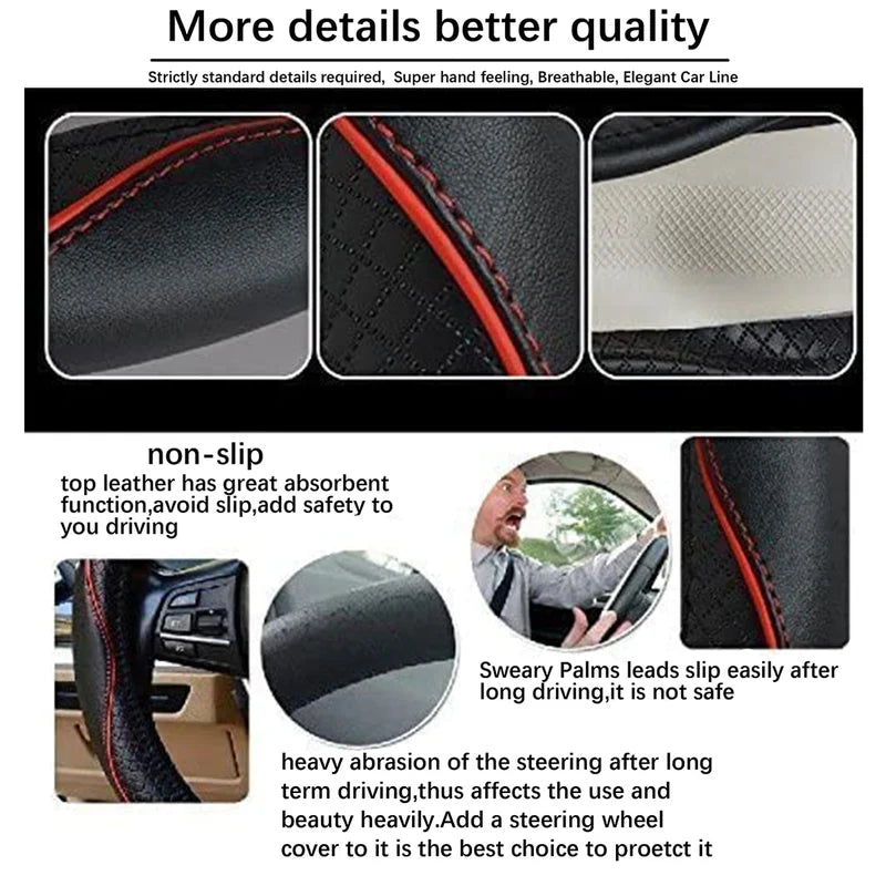 PU Leather Steering Wheel Cover – Embossed Non-Slip Design, Universal 15 Inch (38 cm) - Delicate Leather