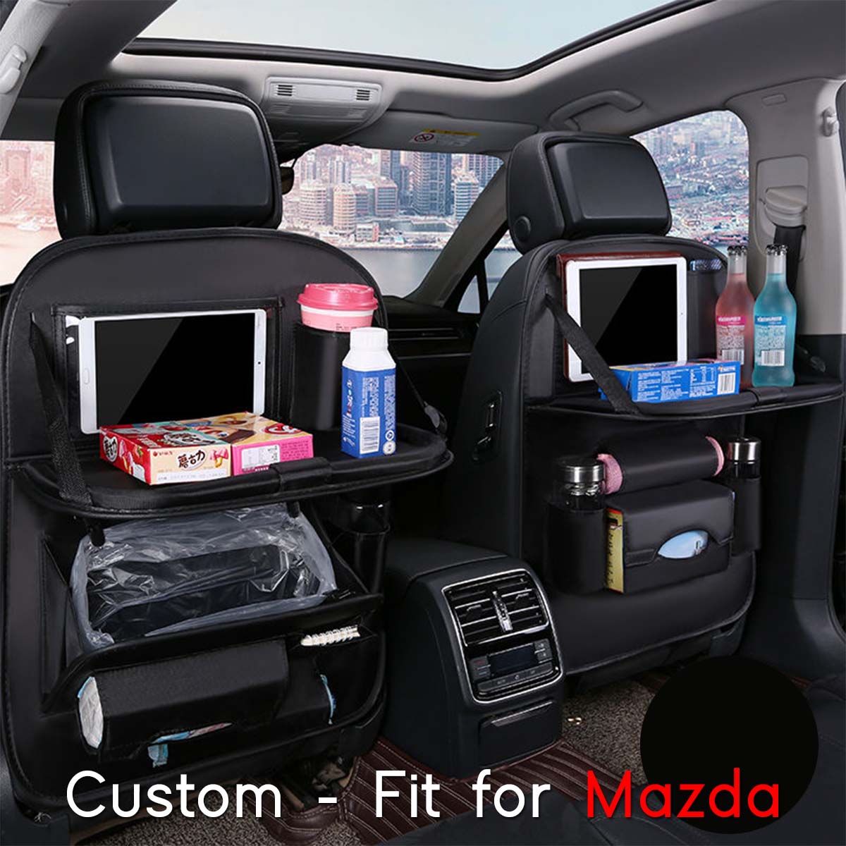 Backseat Organizer With Tablet Holder PU Leather, Custom-Fit For Car, Car Seat Back Protectors Kick With Foldable Table Tray Car Seat Organizer DLMA240